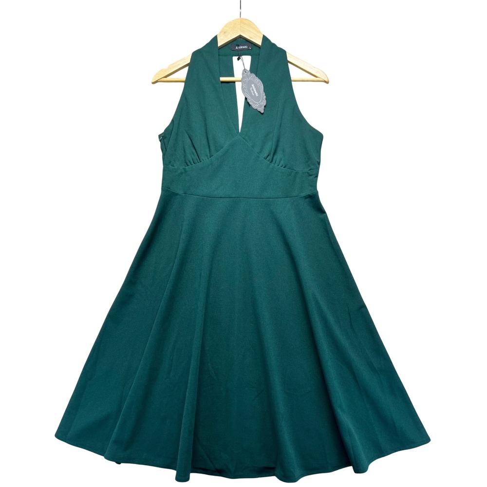 Atnlewhi Solid‎ Emerald Green Halter V Neck A Line Dress NWT L Party Cocktail